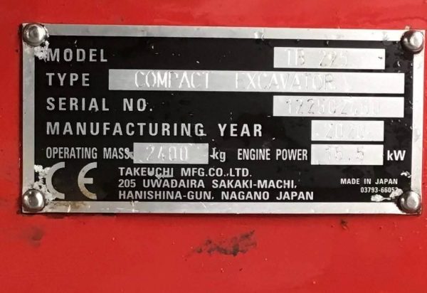 Mini pelle Takeuchi TB225, Année 2020 - Image 15